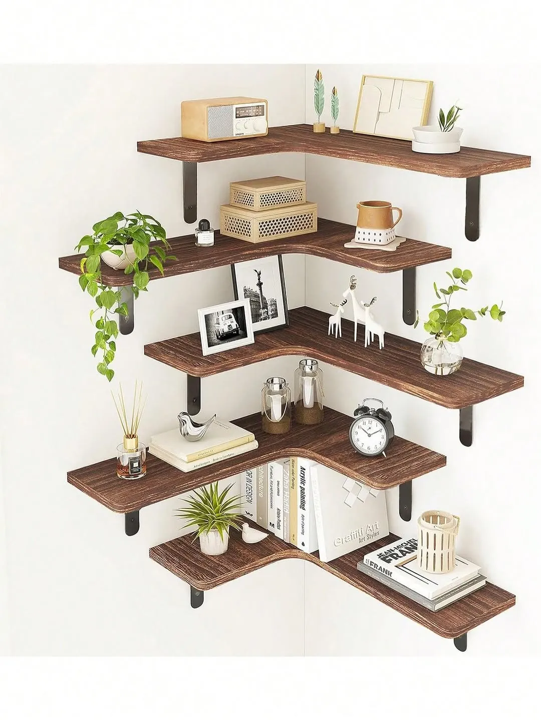 5-Tier Wooden Corner Wall Shelf Set