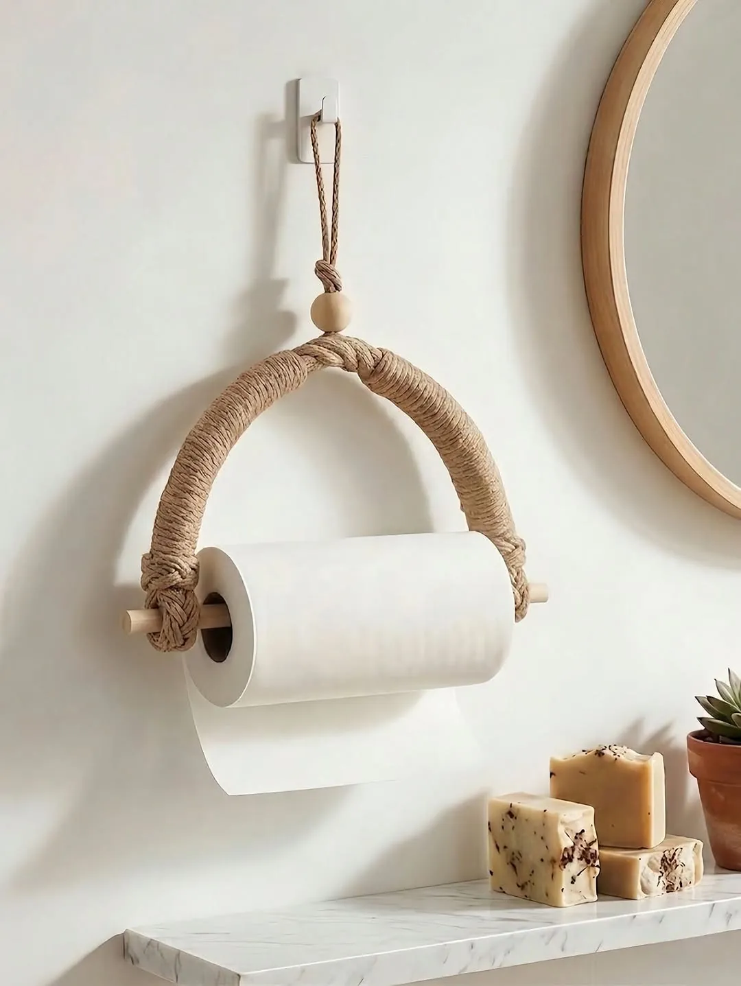 Hanging Rope and Wood Paper Towel Holder