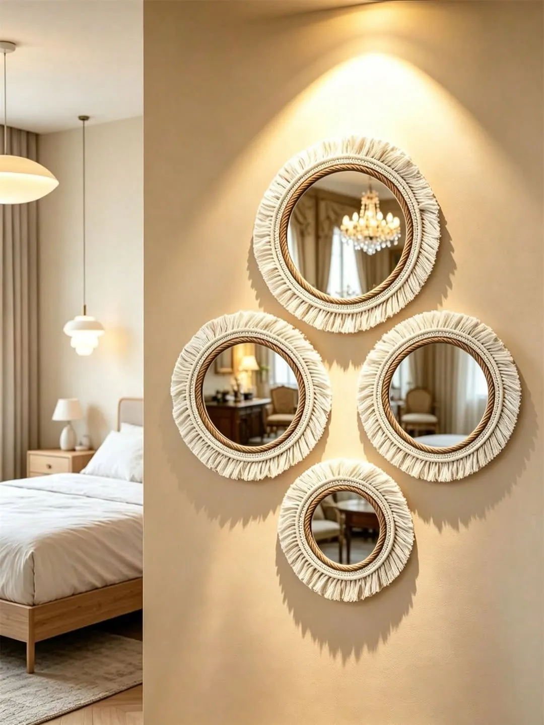 Set of 4 Round Macrame Fringe Wall Mirrors