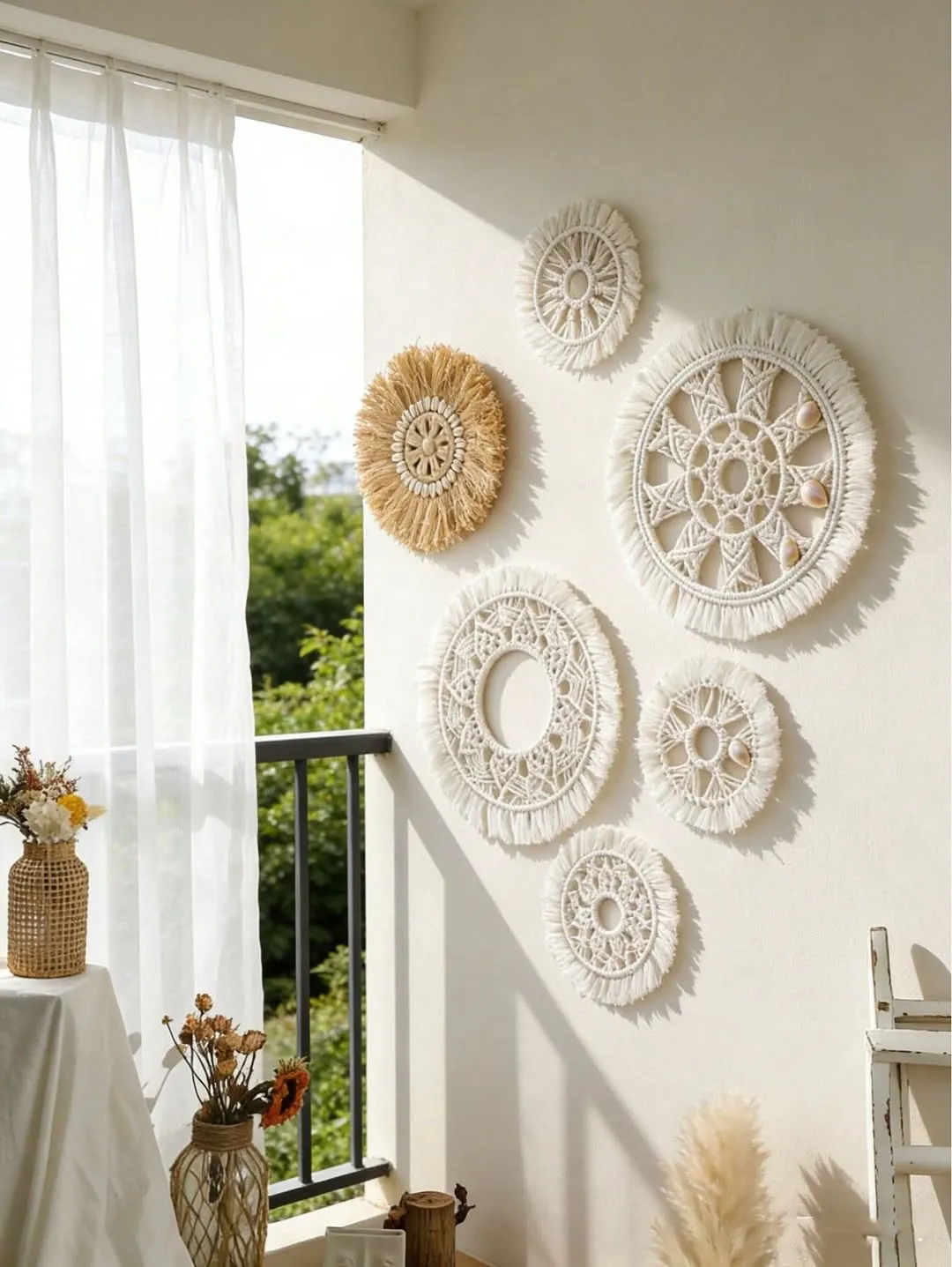 Set of 4 Round Macrame Fringe Wall Mirrors