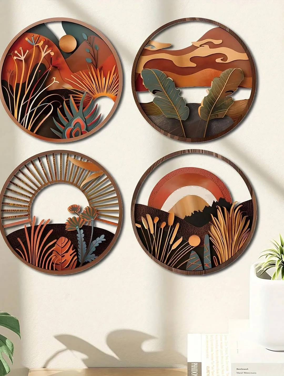 Set of 4 Round Macrame Fringe Wall Mirrors