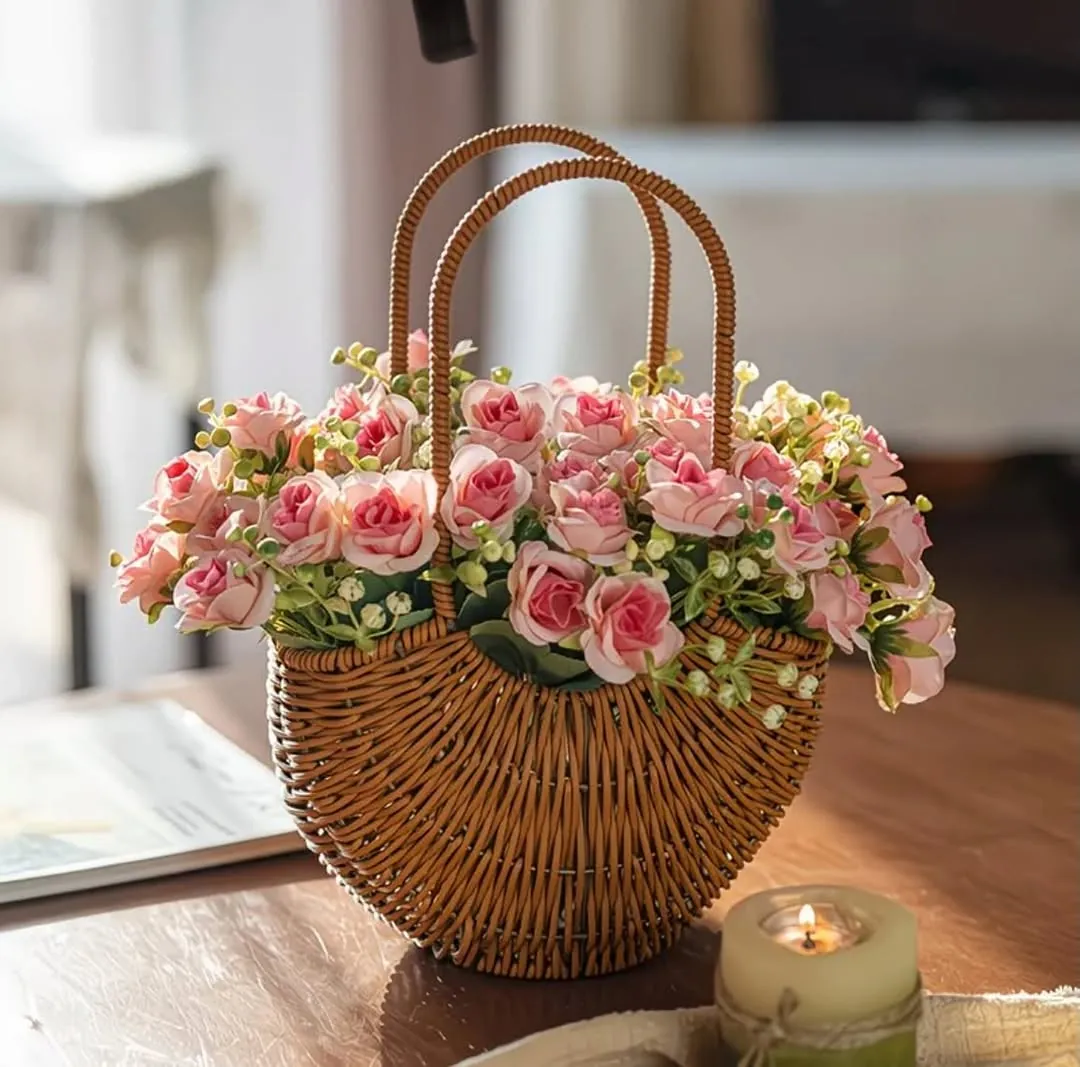 Wicker Basket with Artificial Pink Flowers