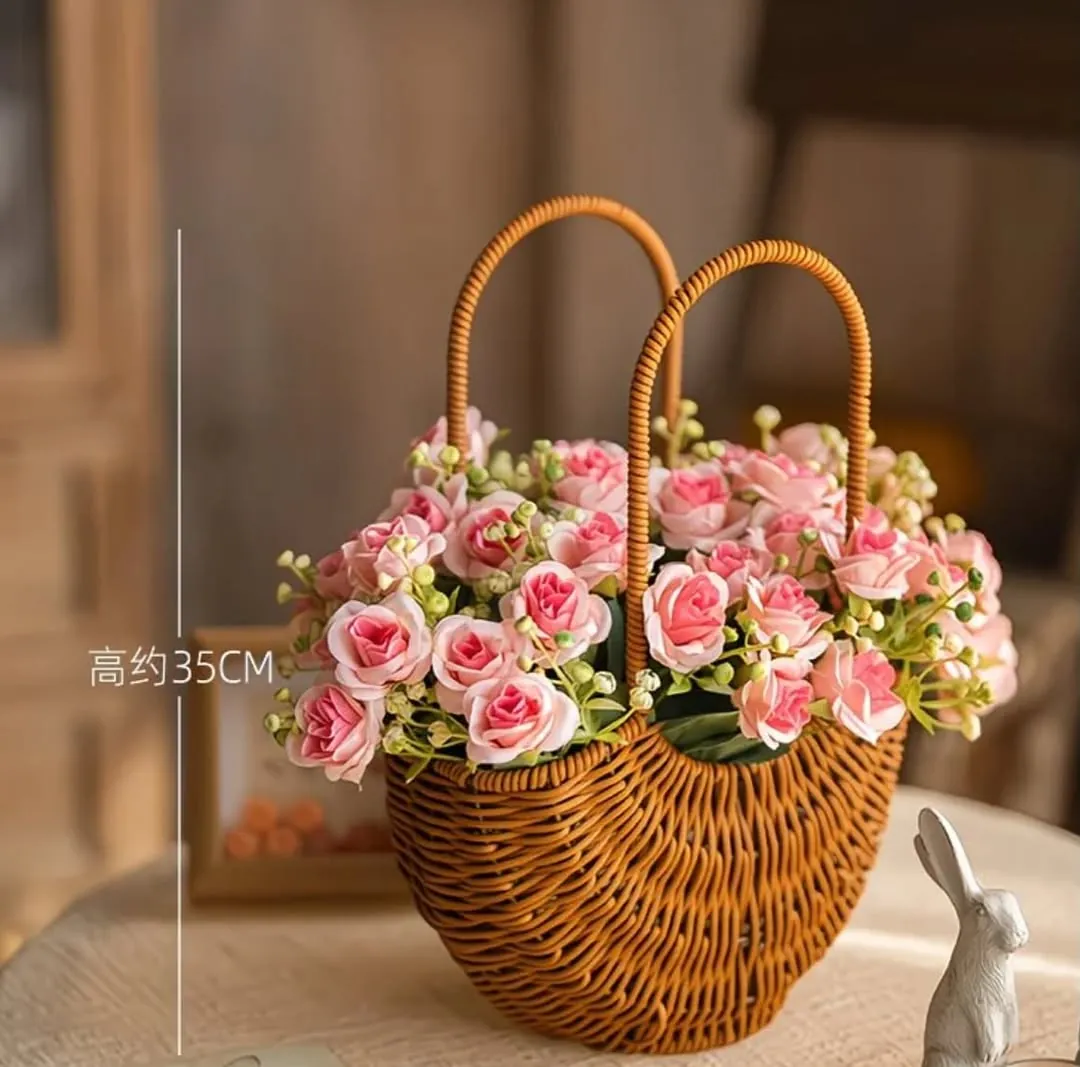 Wicker Basket with Artificial Pink Flowers