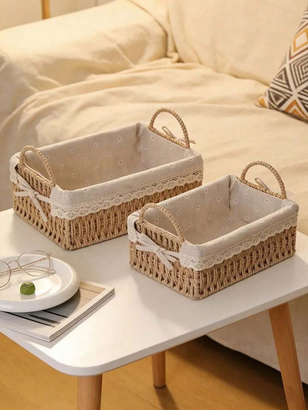 Set of 3 Woven Storage Baskets with Fabric Liner