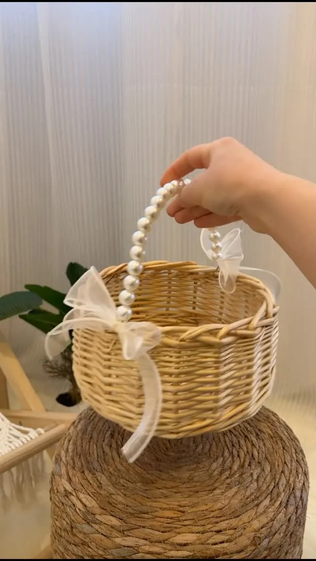 Woven Basket with Pearl Handle and Ribbon