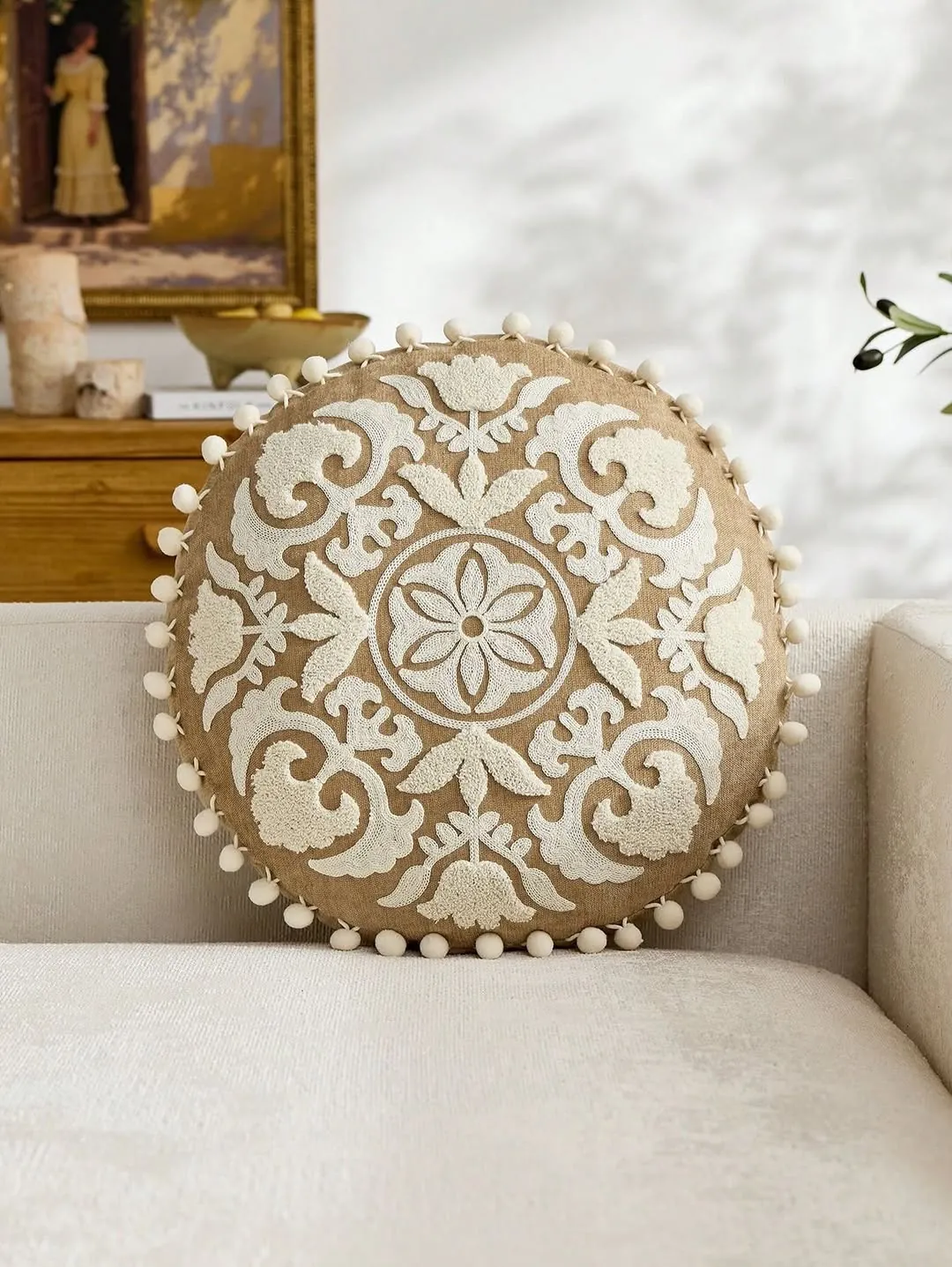 Beige Sofa with Round Cushions
