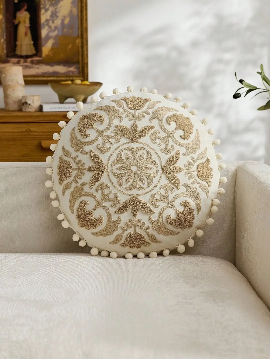 Beige Sofa with Round Cushions