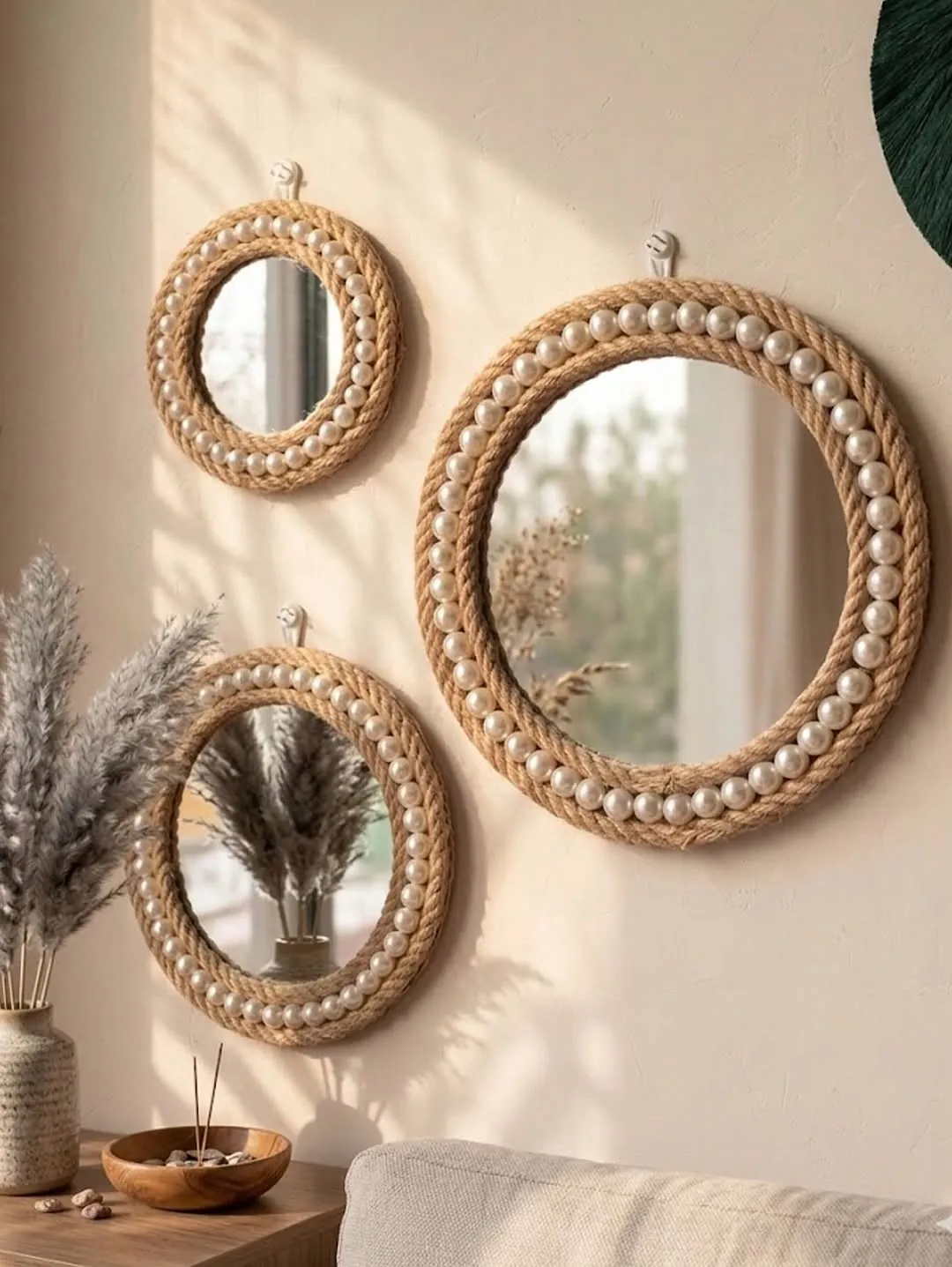 Round Rope and Pearl Wall Mirror Set