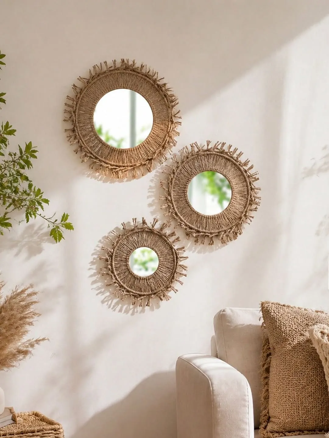 Round Rope and Pearl Wall Mirror Set