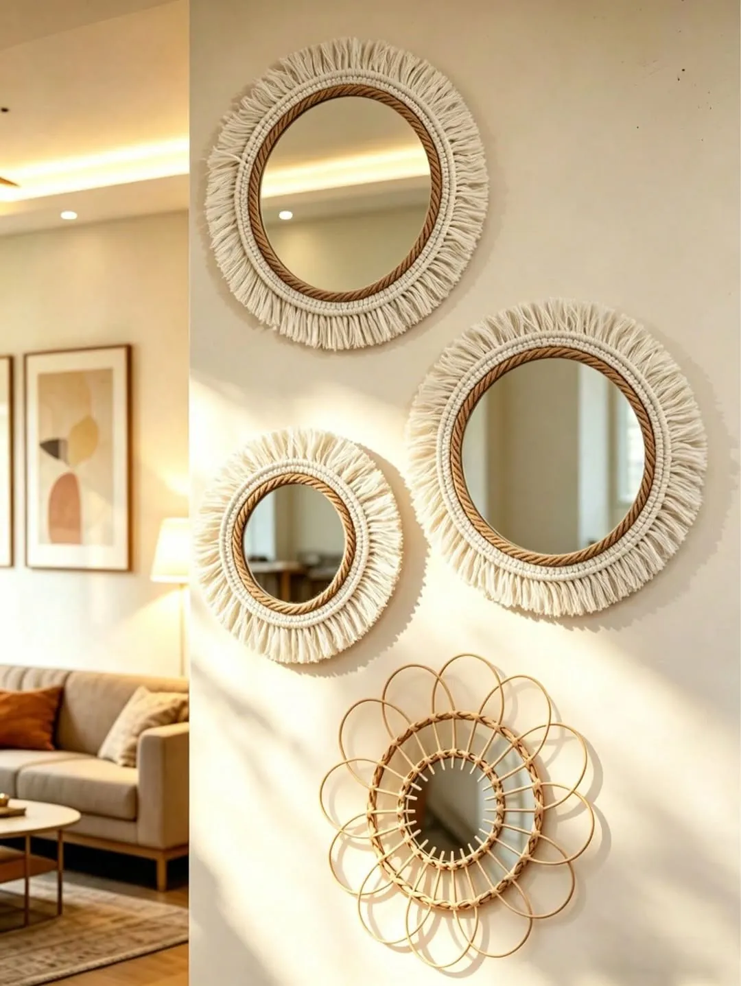 Round Rope and Pearl Wall Mirror Set