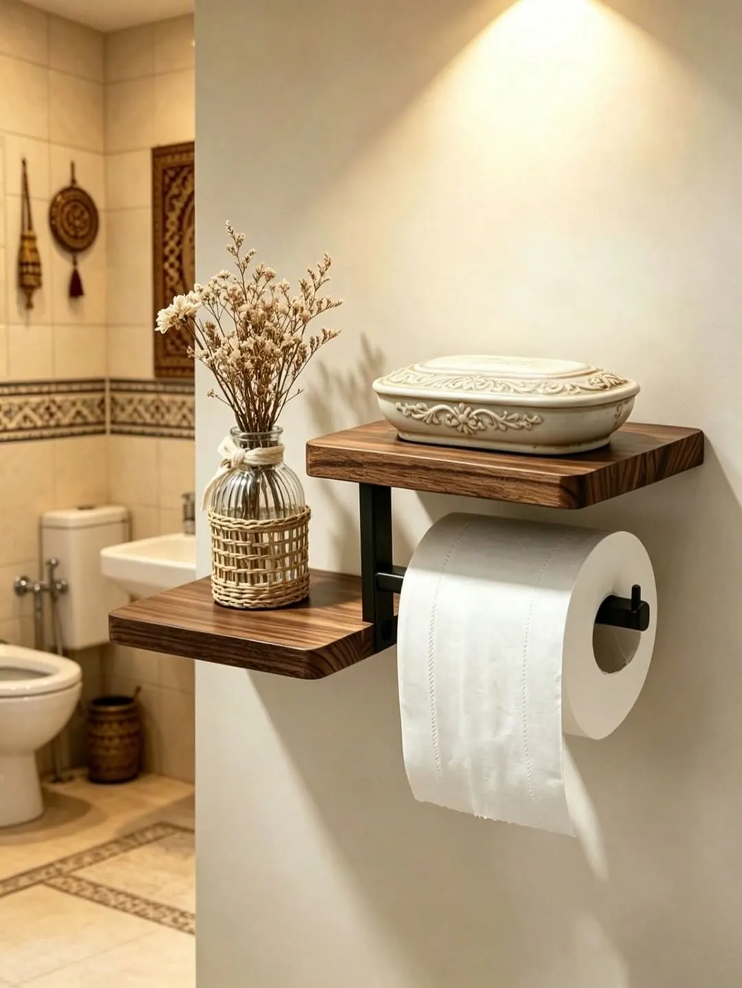 Wall-Mounted Wooden Toilet Paper Holder with Shelves