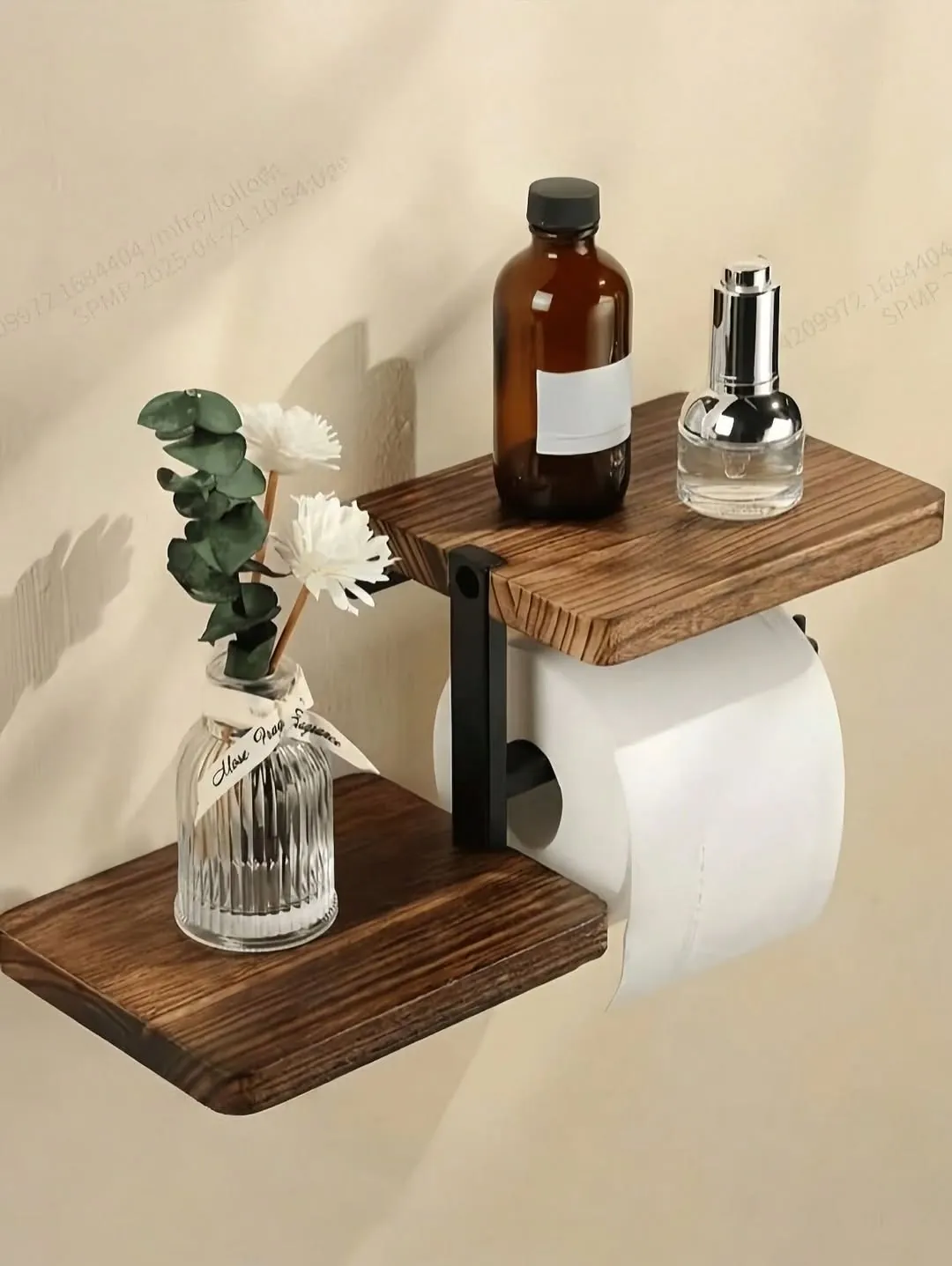Wall-Mounted Wooden Toilet Paper Holder with Shelves