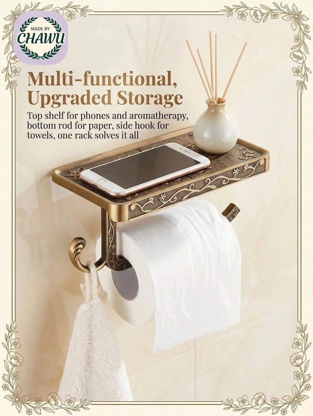 Wall-Mounted Wooden Toilet Paper Holder with Shelves