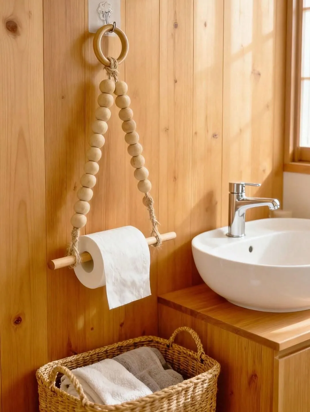 Wall-Mounted Wooden Toilet Paper Holder with Shelves