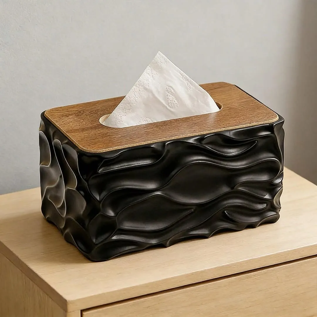 Wavy Tissue Box with Wooden Top