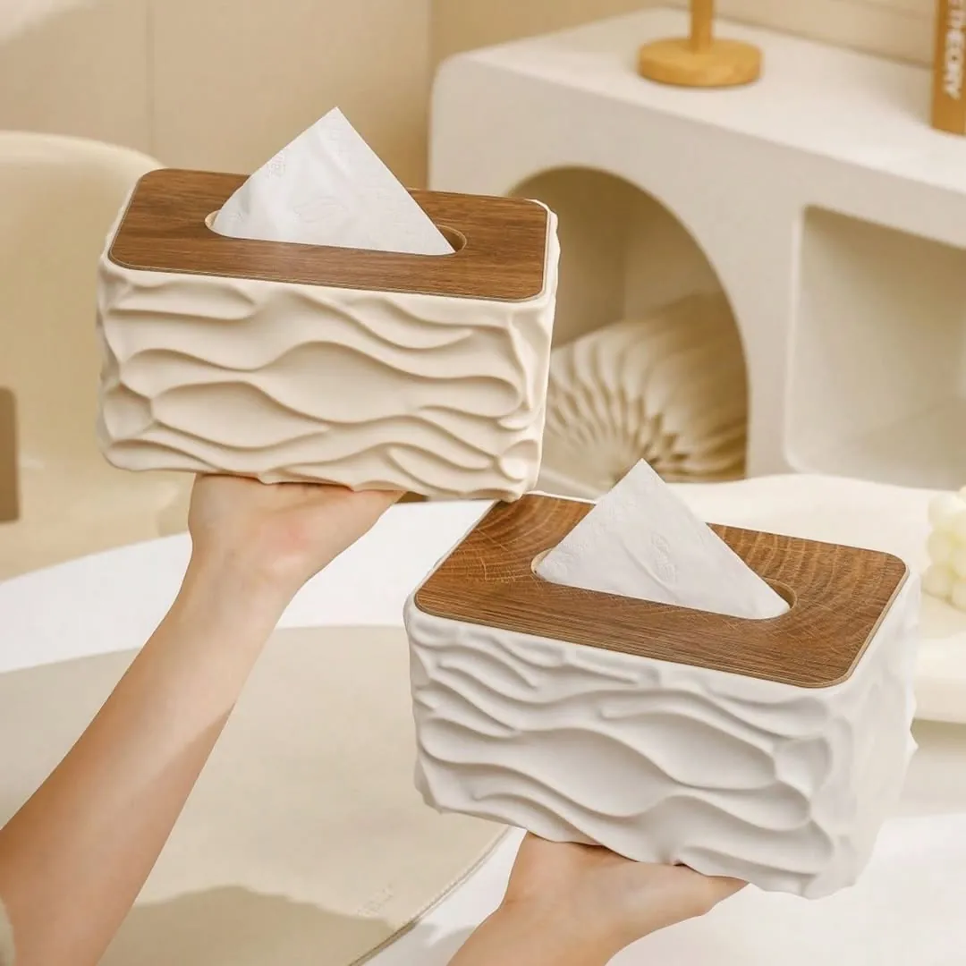 Wavy Tissue Box with Wooden Top