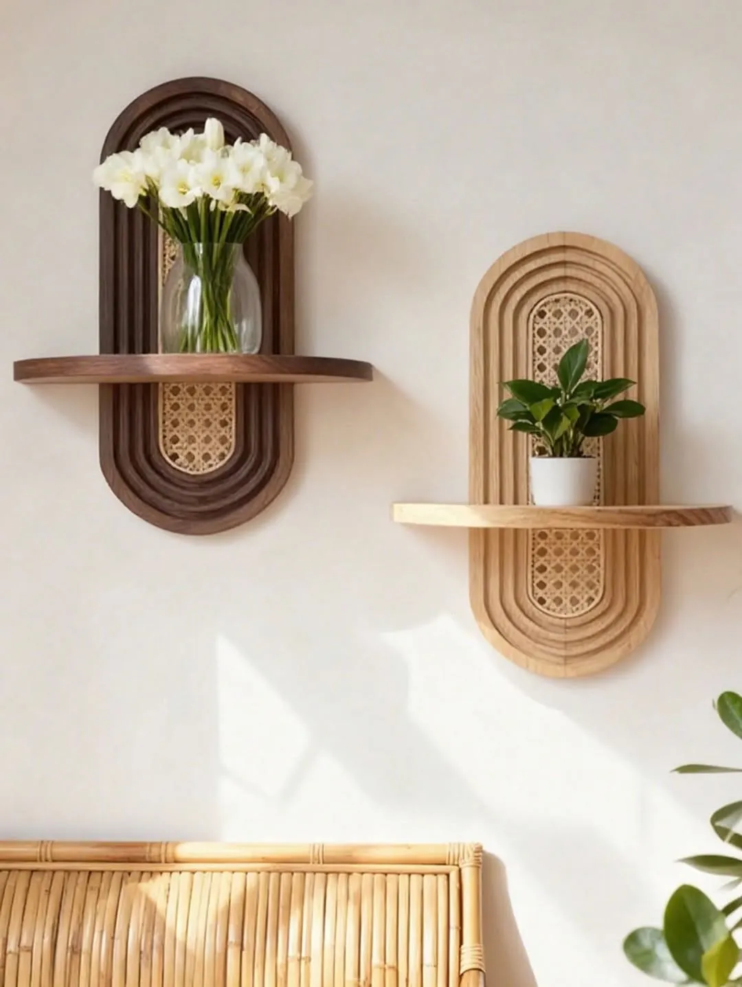 Decorative Arched Wood and Rattan Wall Shelf