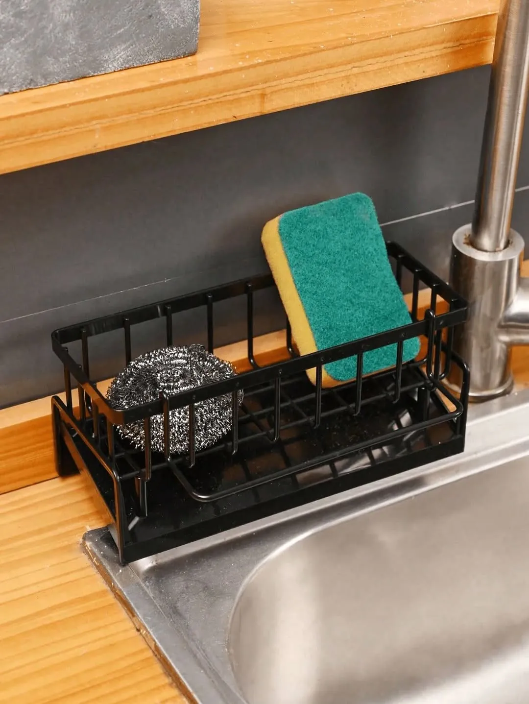 Black Metal Kitchen Sink Sponge Holder Caddy