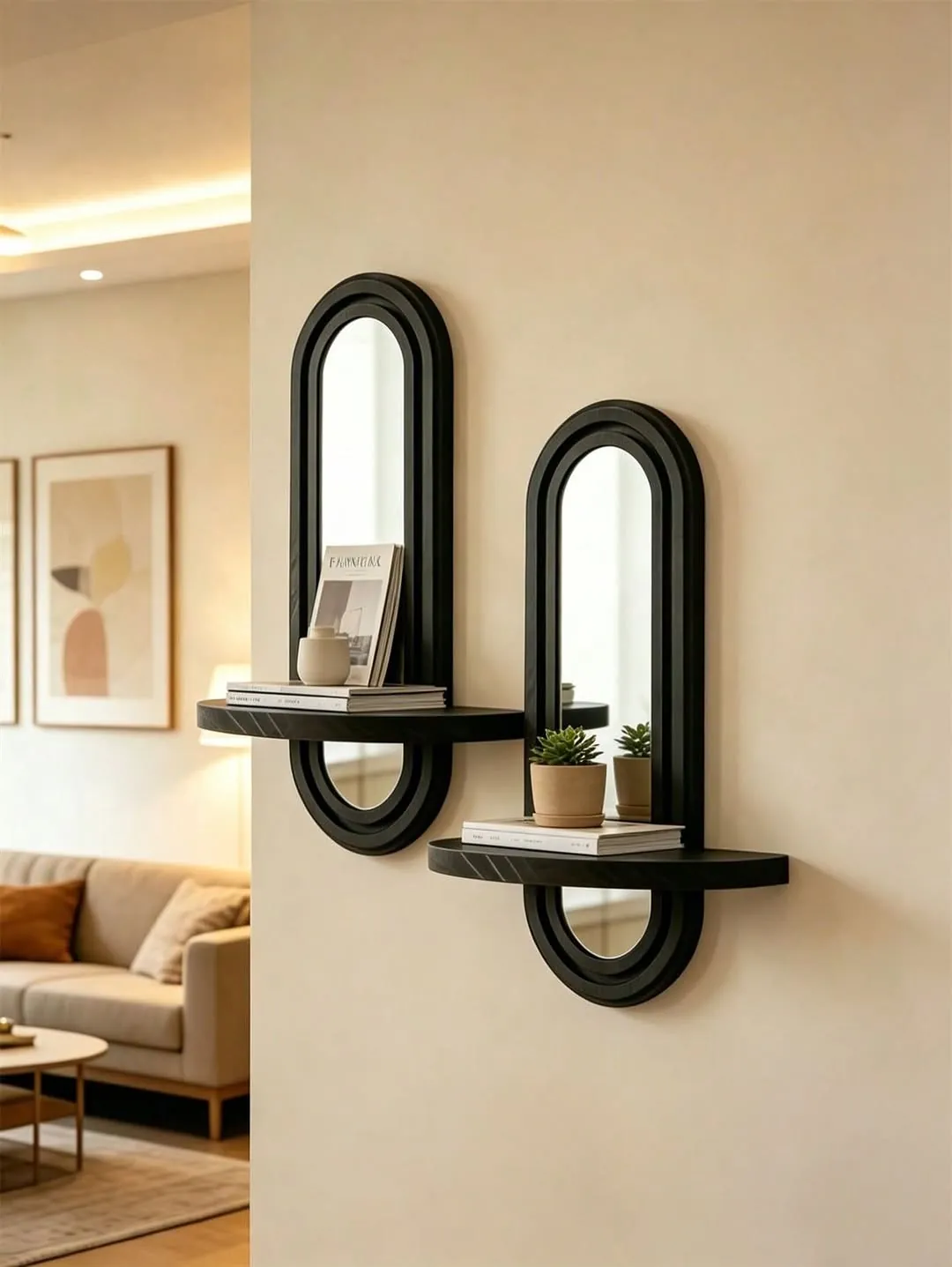 Black Oval Wall Mirror with Shelf