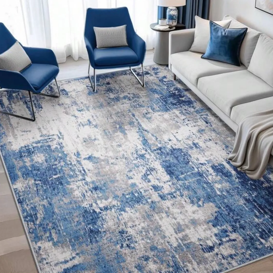Modern Abstract Blue and Grey Area Rug