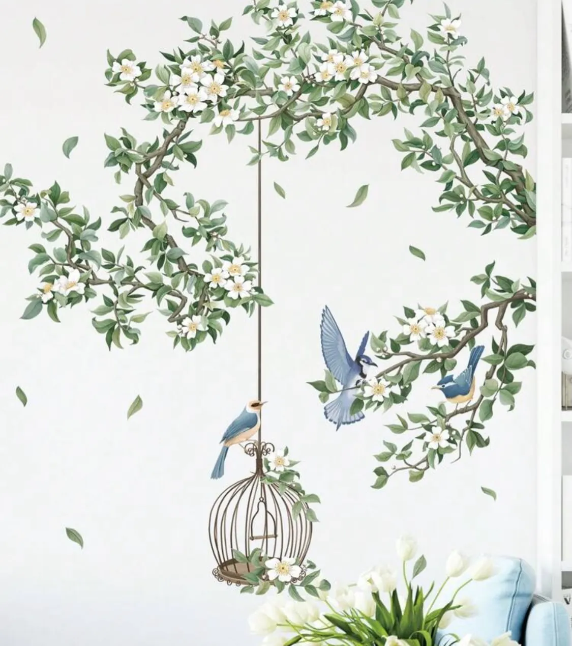 Floral Wall Decal with Birds and Cage