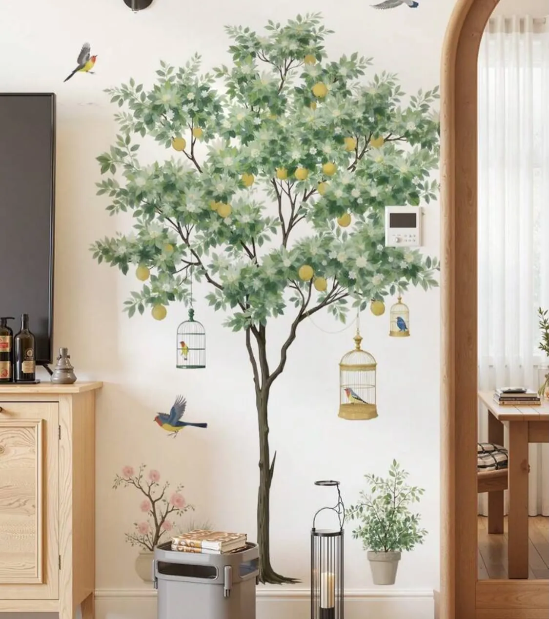 Floral Wall Decal with Birds and Cage