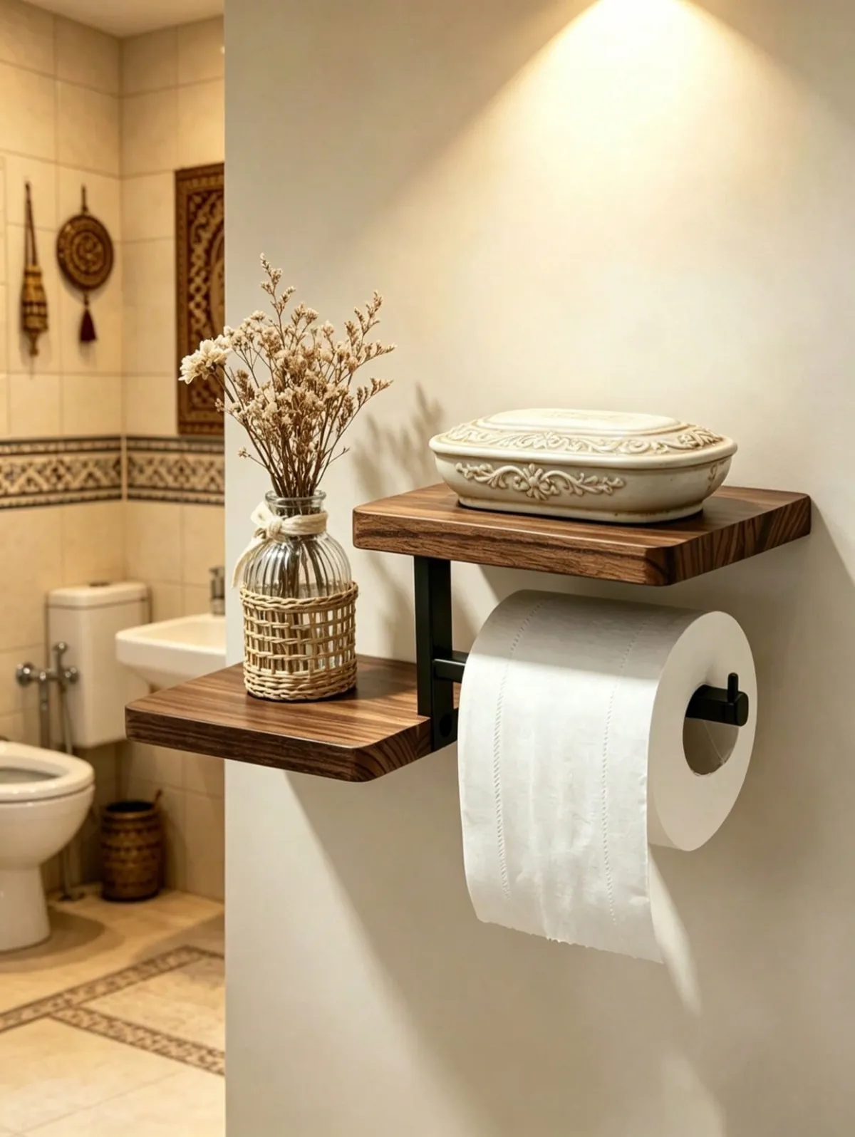 Wooden Bathroom Shelf with Toilet Paper Holder