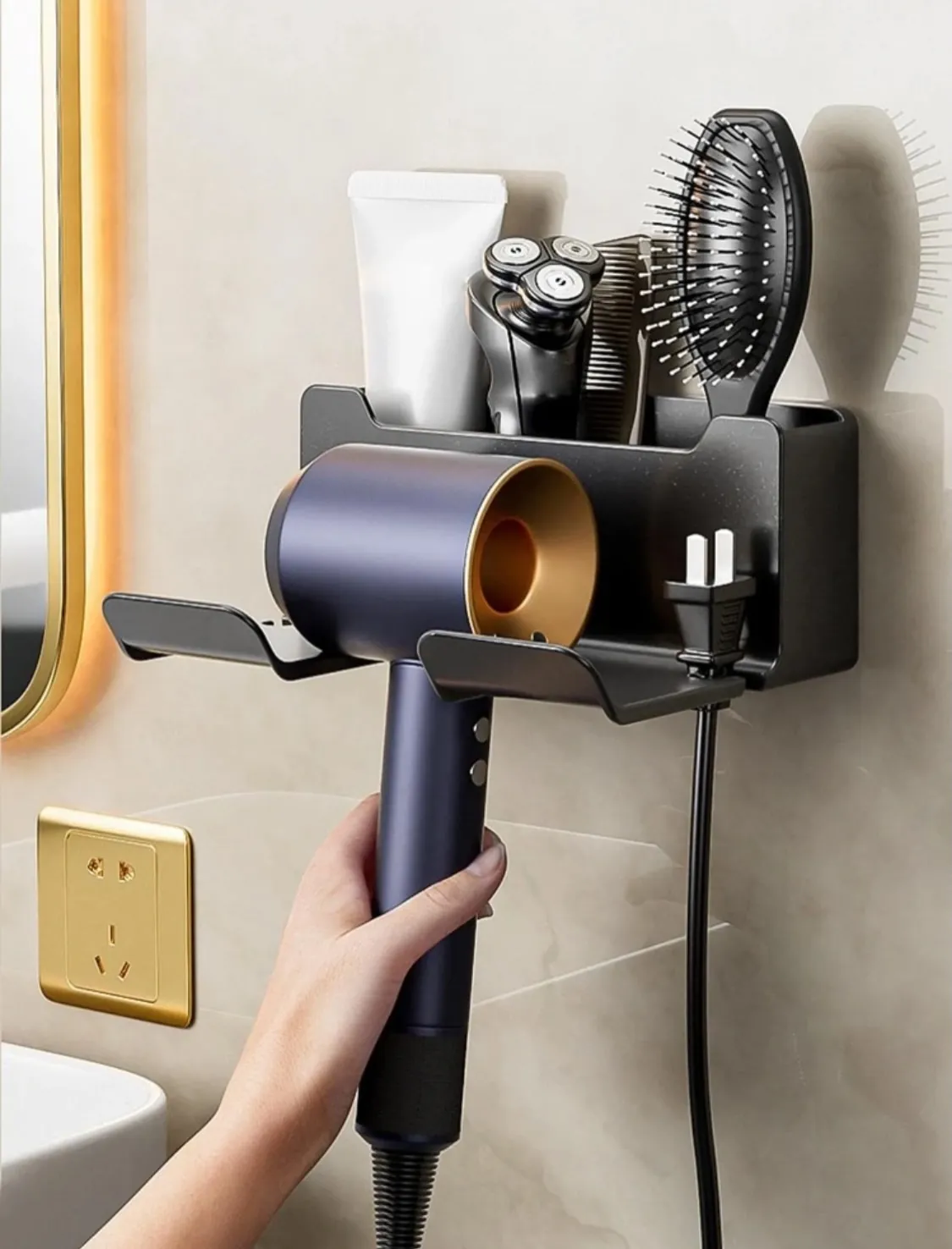Wall-Mounted Hair Dryer and Accessory Holder