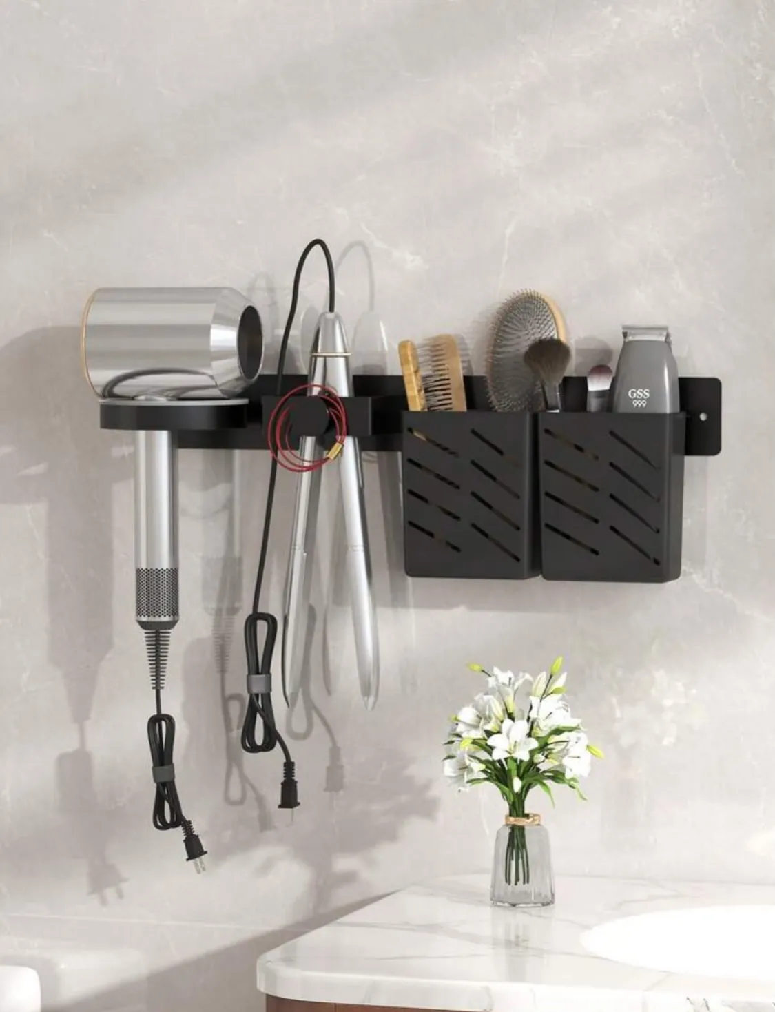 Wall-Mounted Hair Dryer and Accessory Holder