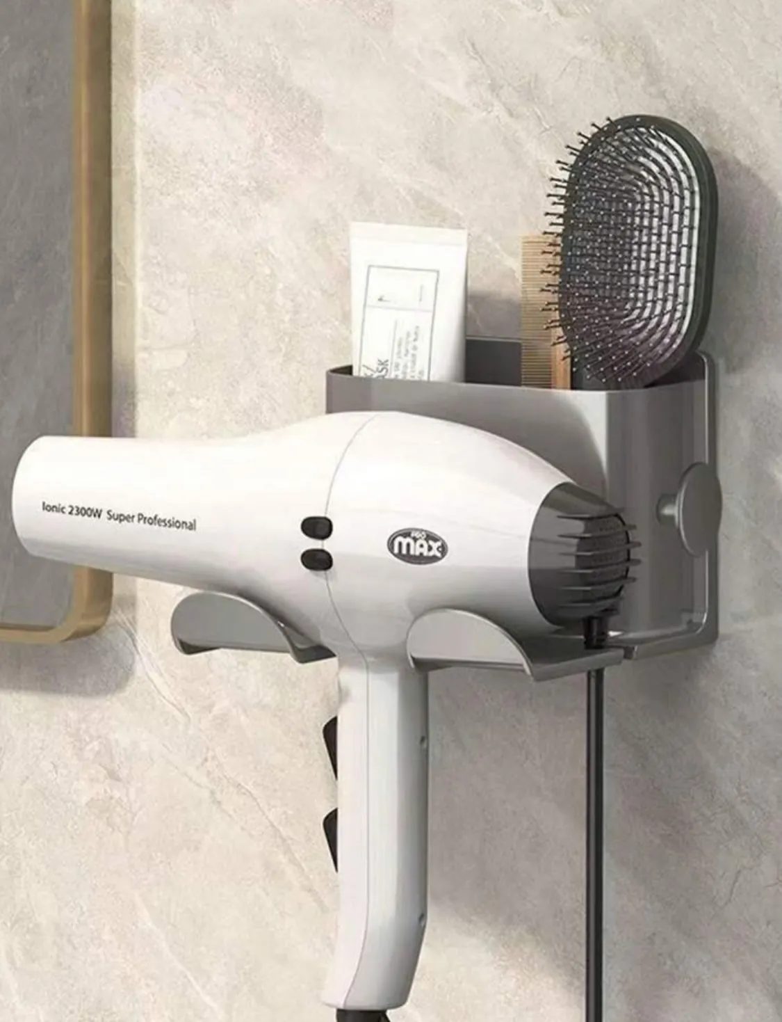 Wall-Mounted Hair Dryer and Accessory Holder