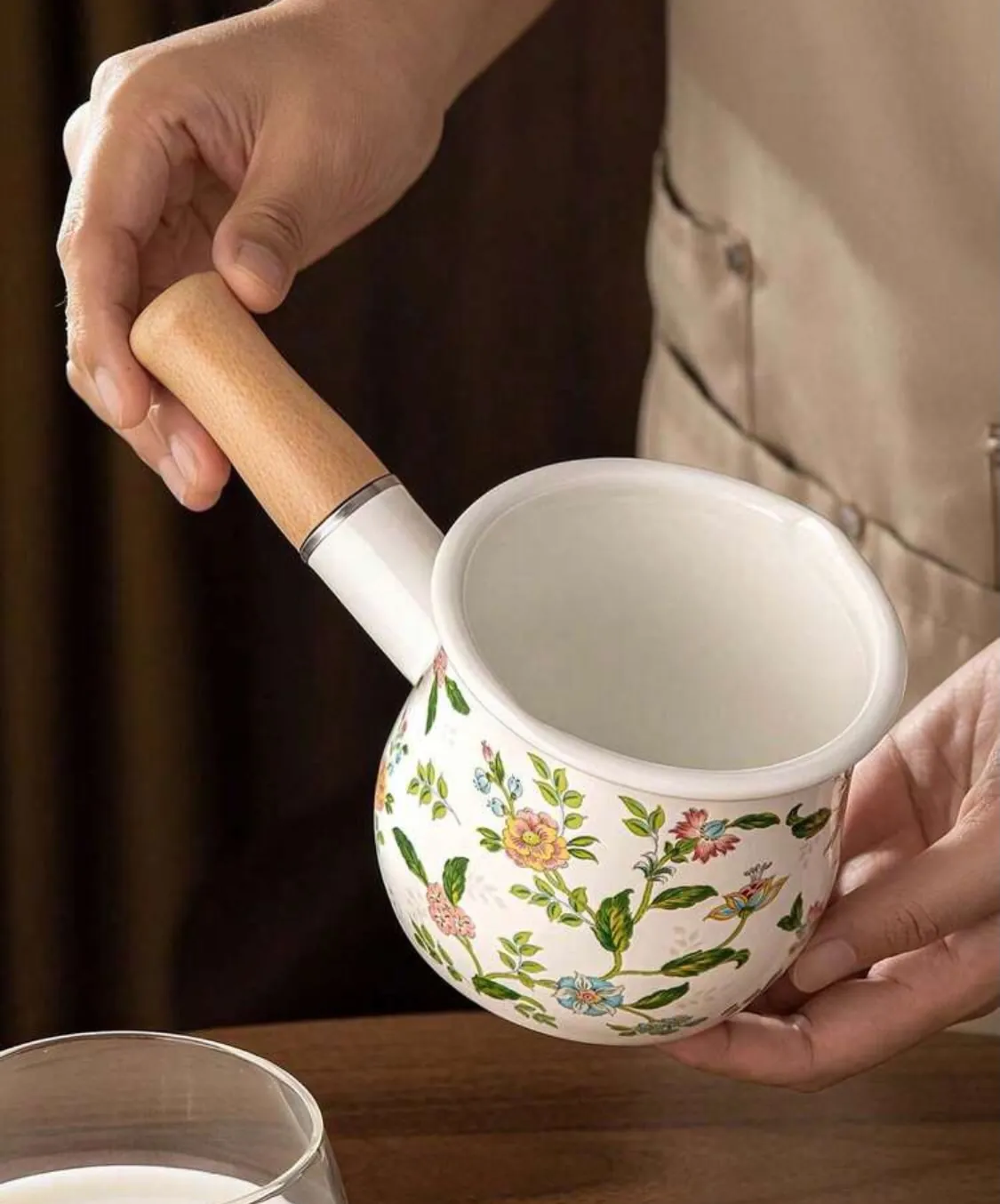 Floral Pattern Ceramic Pot with Wooden Handle