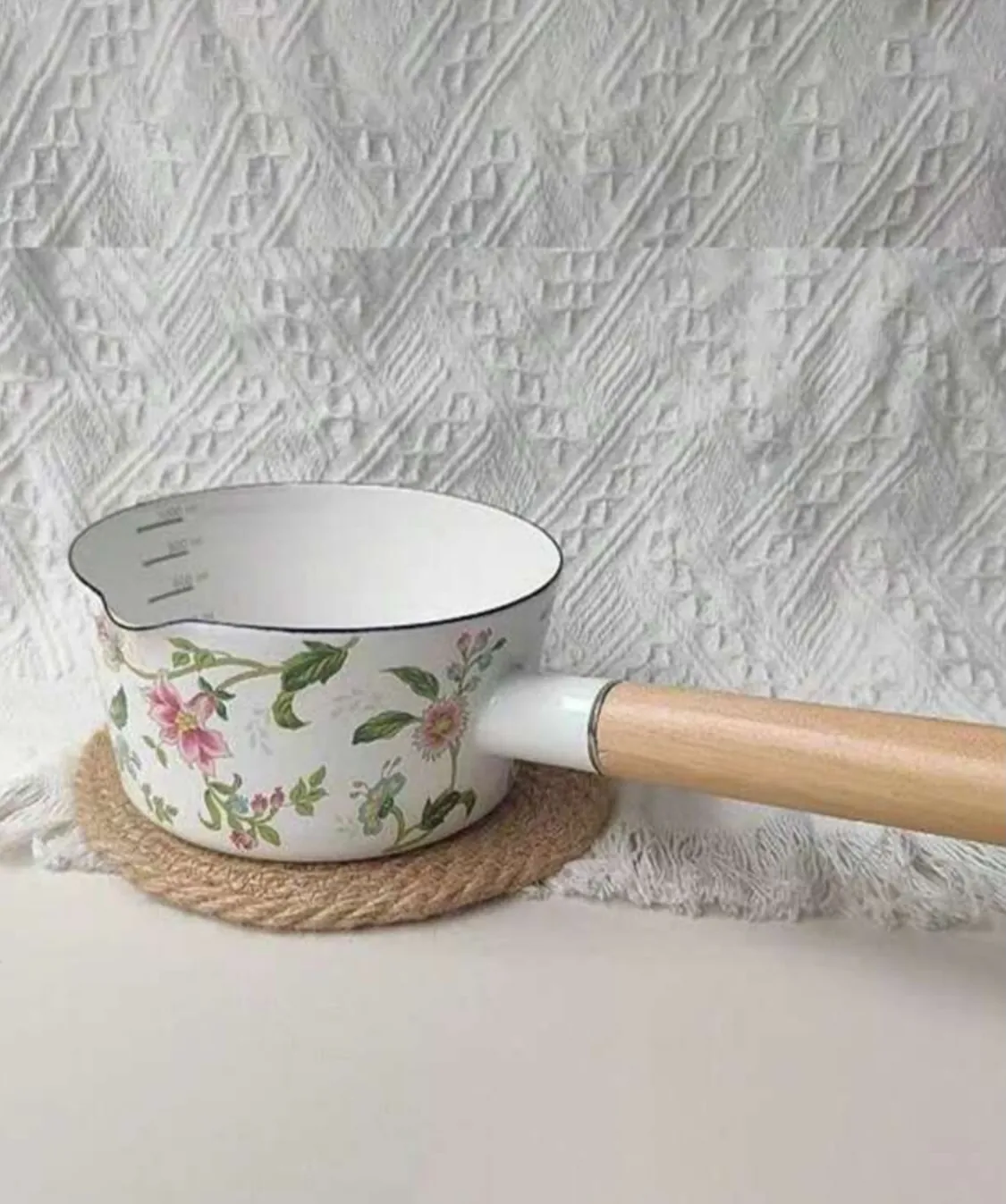 Floral Pattern Ceramic Pot with Wooden Handle