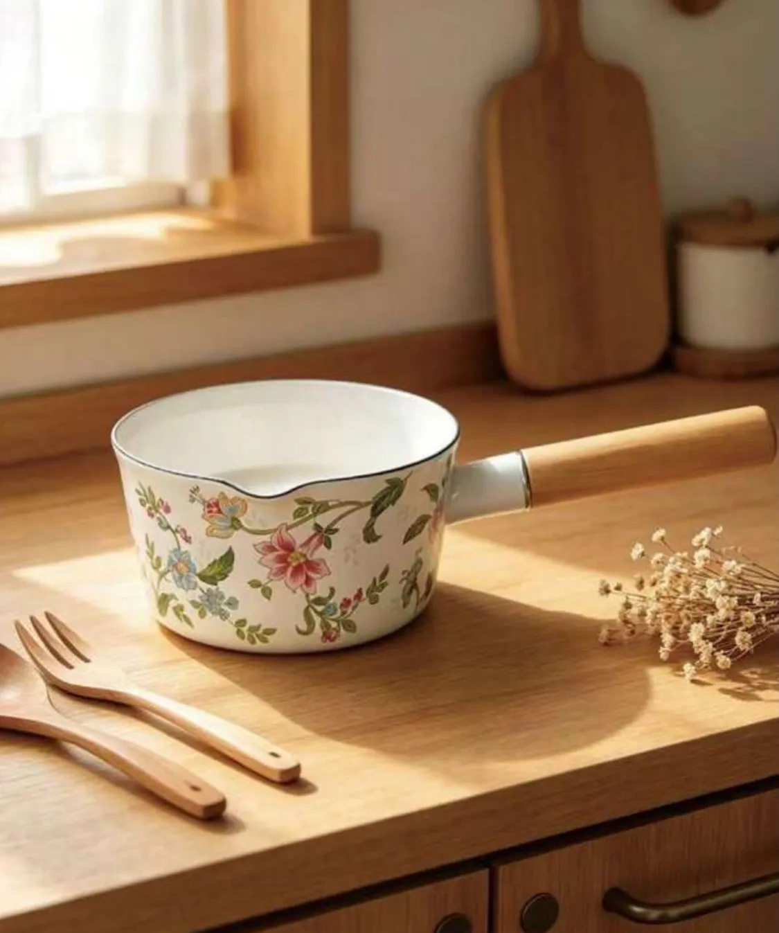 Floral Pattern Ceramic Pot with Wooden Handle