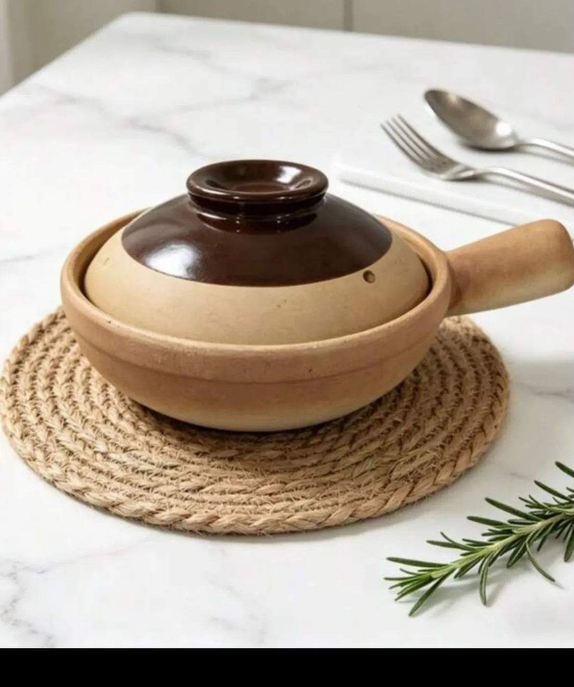 Floral Pattern Ceramic Pot with Wooden Handle