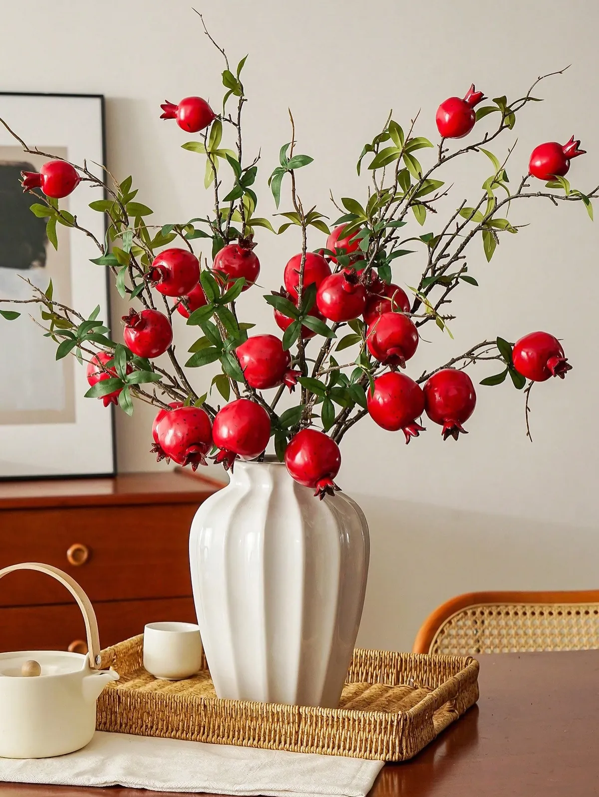Artificial Pomegranate Branches in White Vase