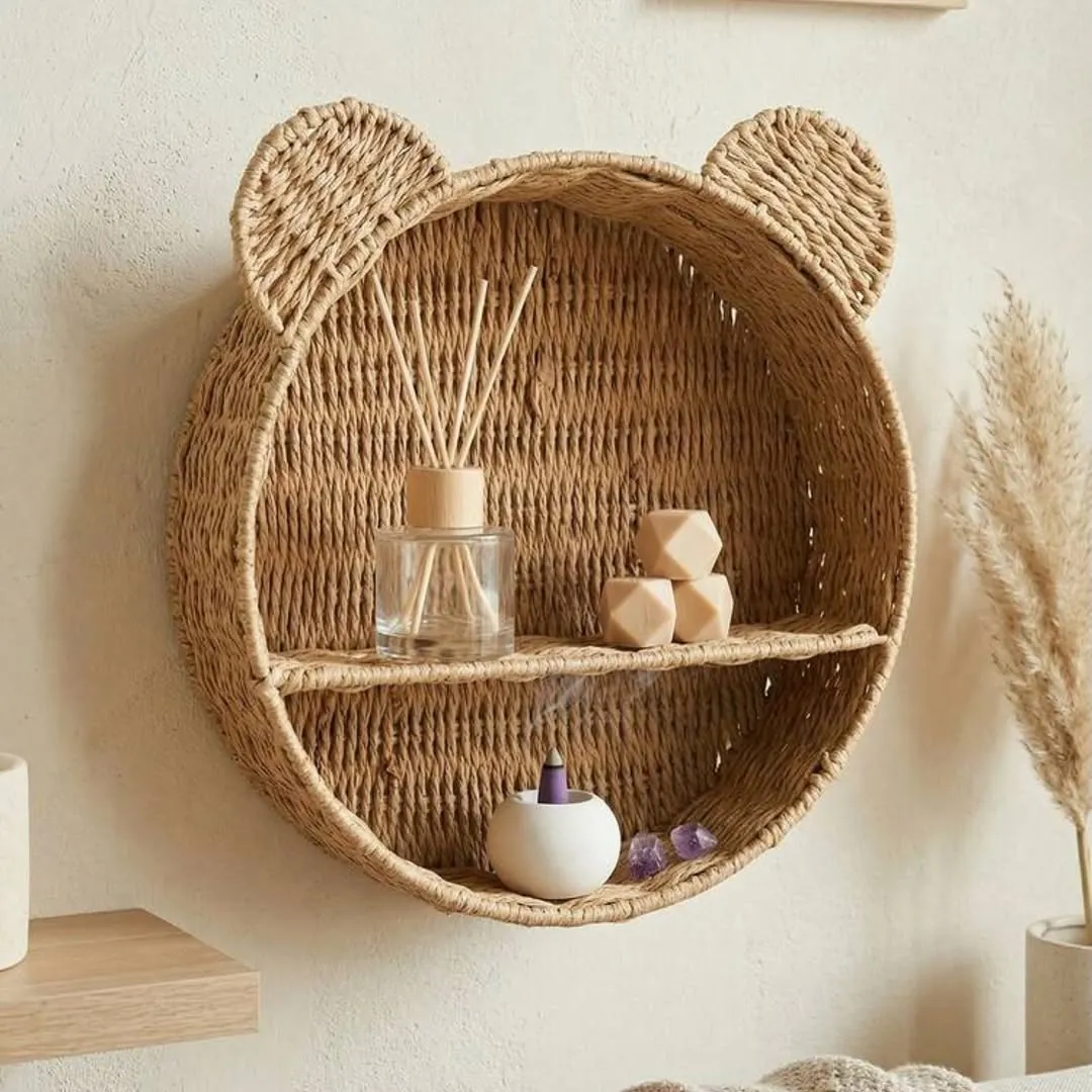 Woven Rattan Bear-Shaped Wall Shelf