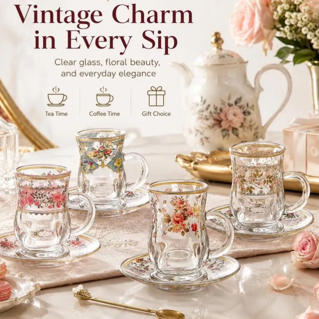 Vintage Floral Glass Cup Set