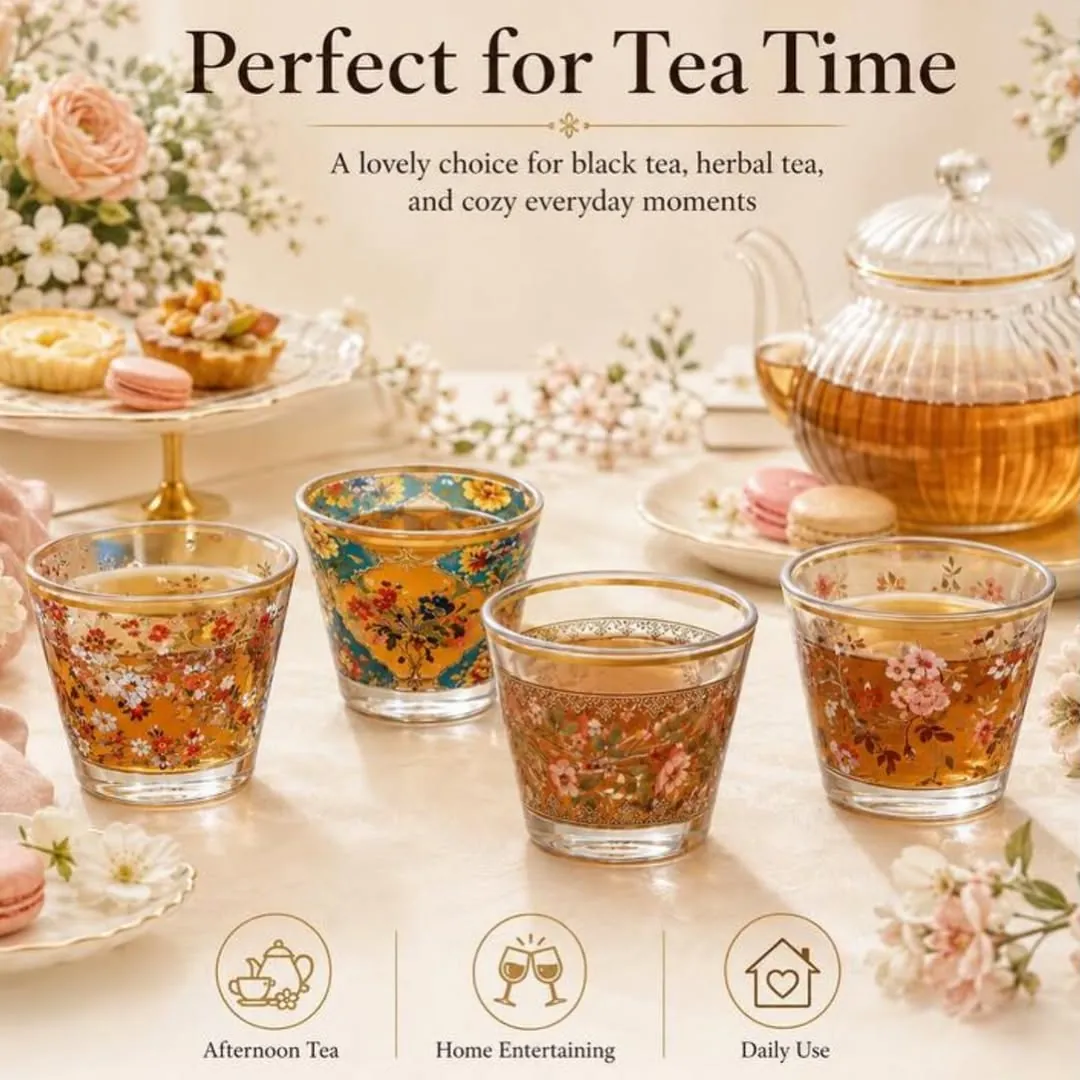 Floral Glass Tea Cup Set