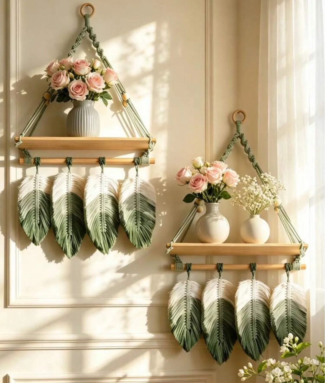 Macrame Wall Hanging Shelf with Feathers