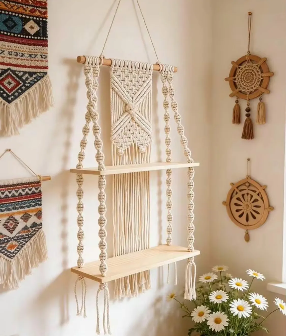 Macrame Wall Hanging Shelf with Feathers