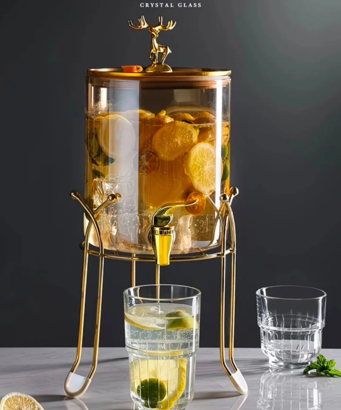 Crystal Glass Beverage Dispenser with Gold Stand