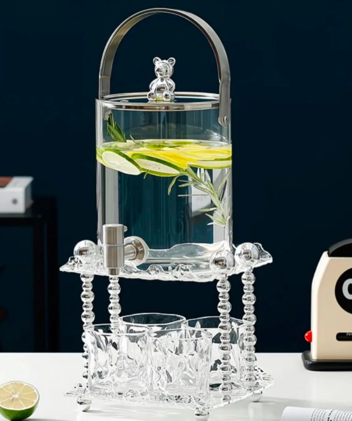 Crystal Glass Beverage Dispenser with Gold Stand