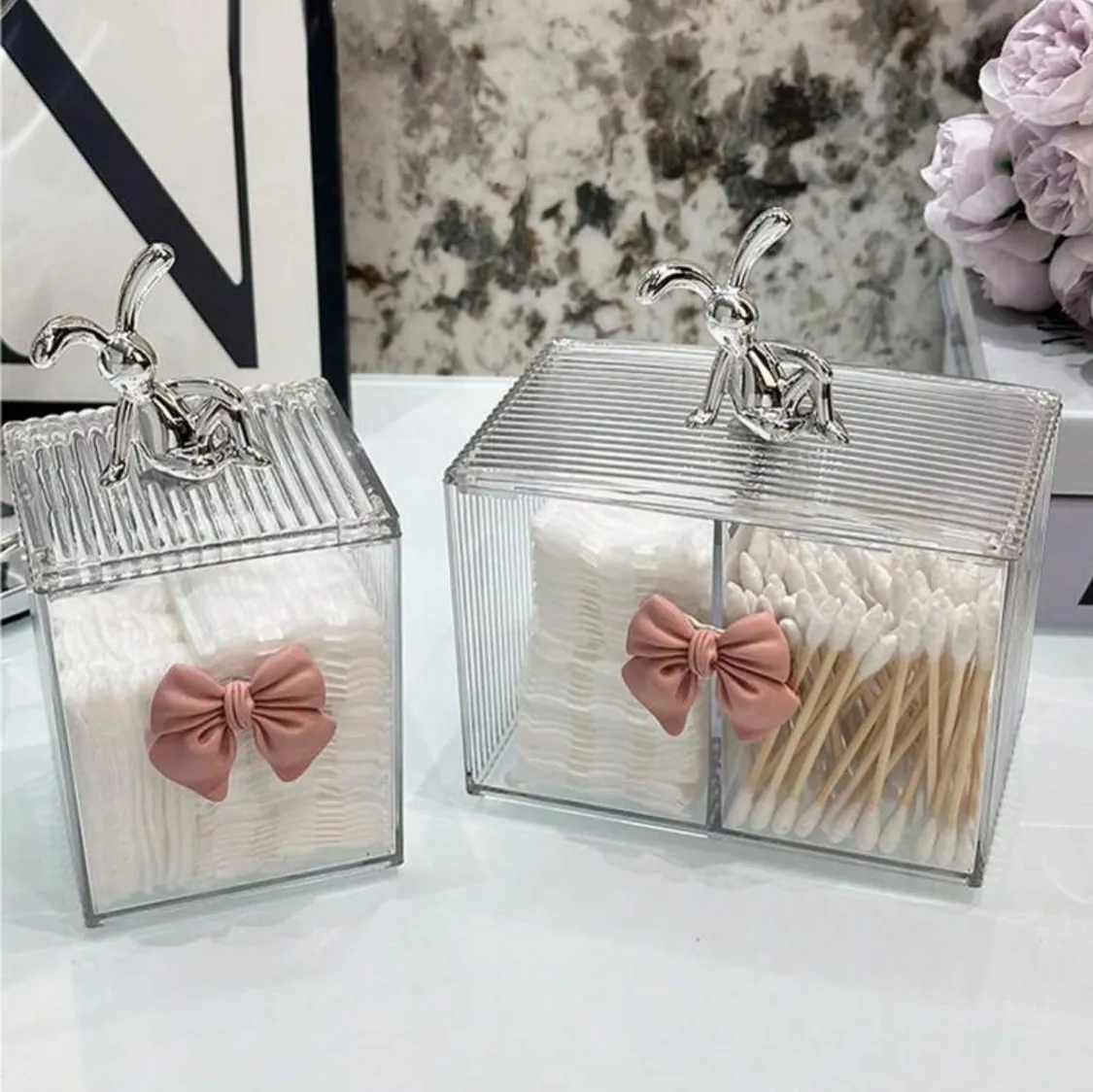 Acrylic Jewelry and Cotton Swab Organizer with Rabbit Lid