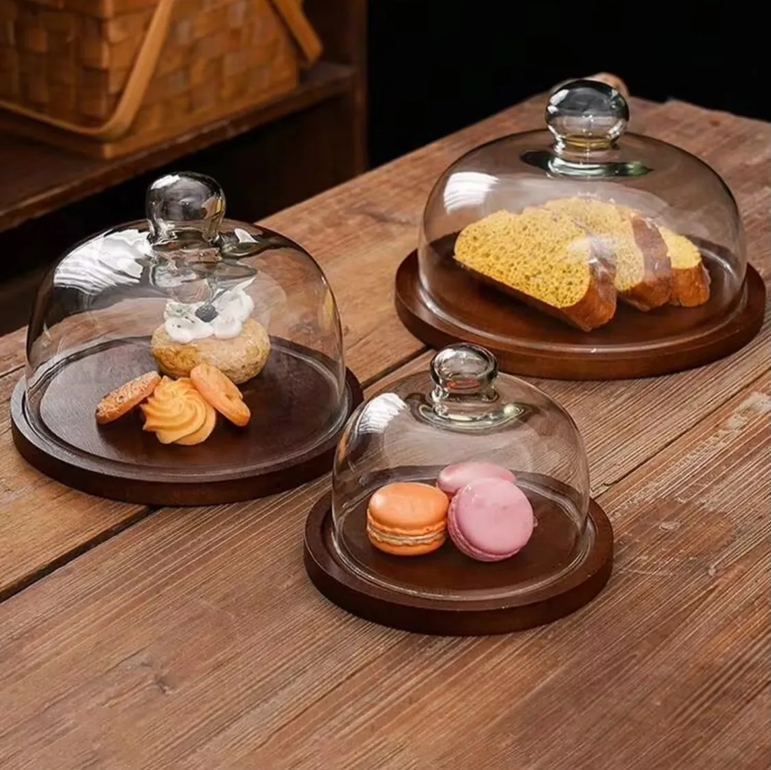 Glass Cake Dome with Wooden Base