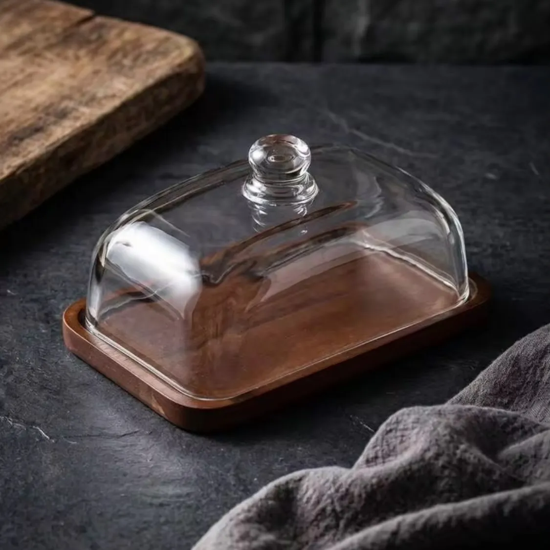 Glass Cake Dome with Wooden Base