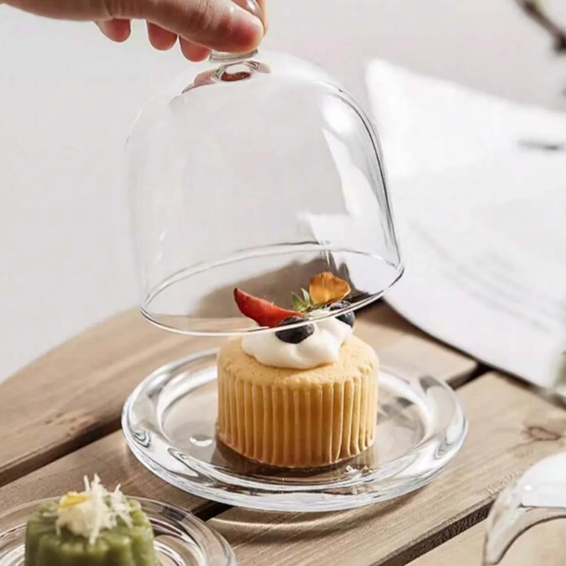 Glass Cake Dome with Wooden Base