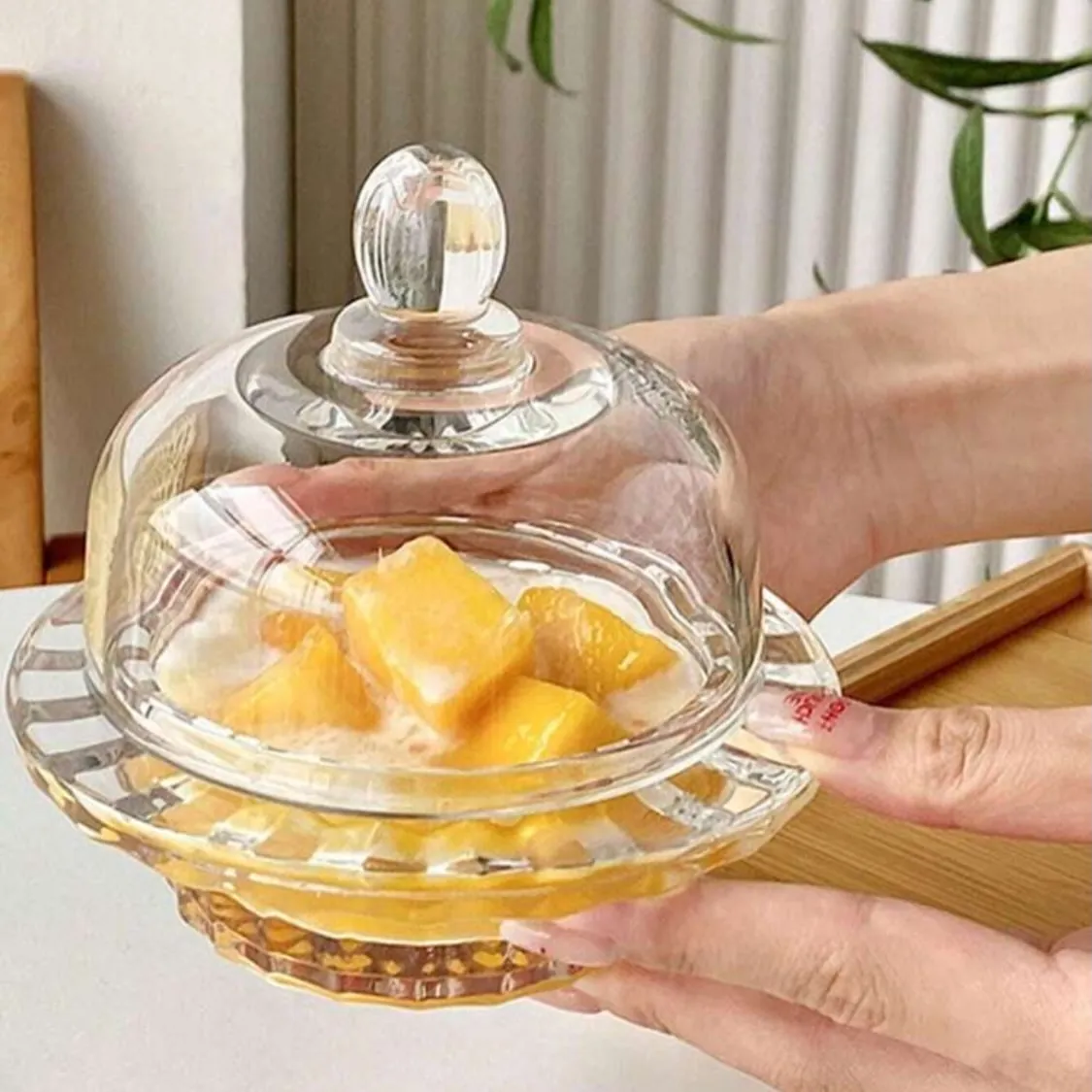 Glass Cake Dome with Wooden Base