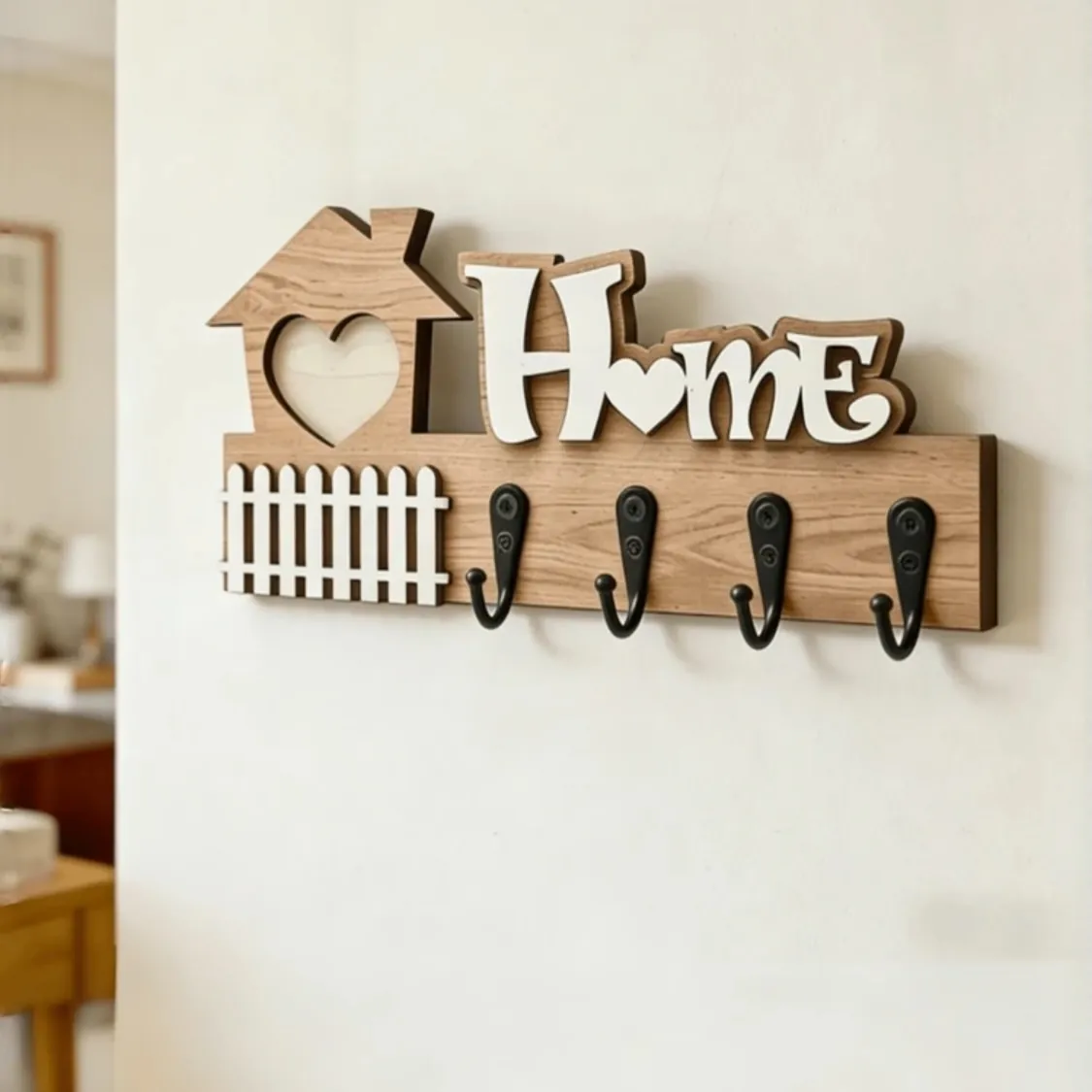 Wooden 'Home' Wall Key Holder with Hooks