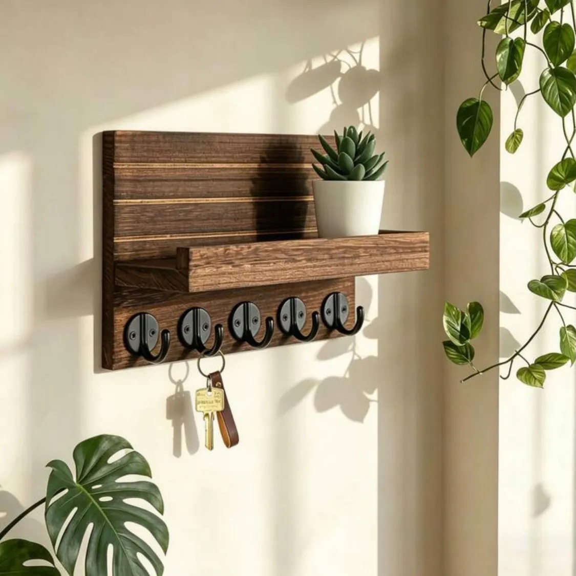 Wooden 'Home' Wall Key Holder with Hooks