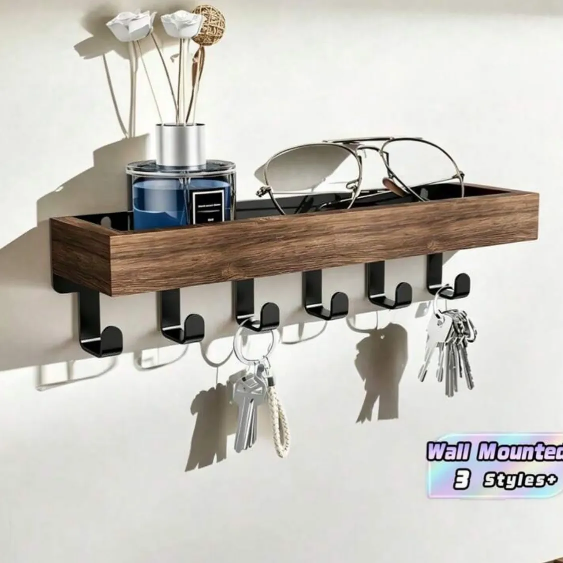 Wooden 'Home' Wall Key Holder with Hooks